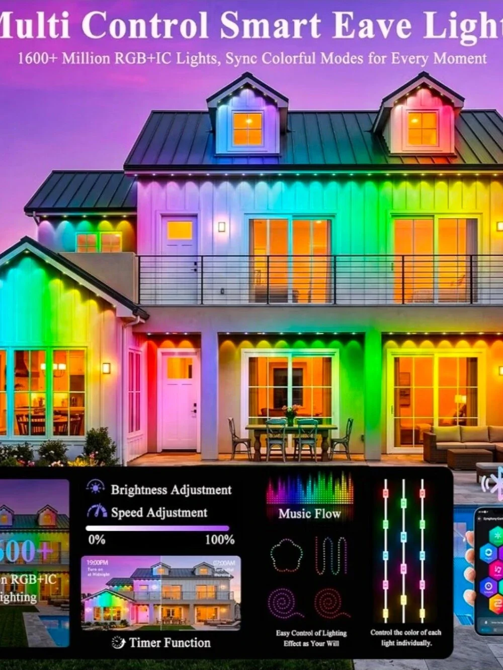 400FT Smart Permanent Outdoor Lights, RGB+IC Eave Outdoor Lights.